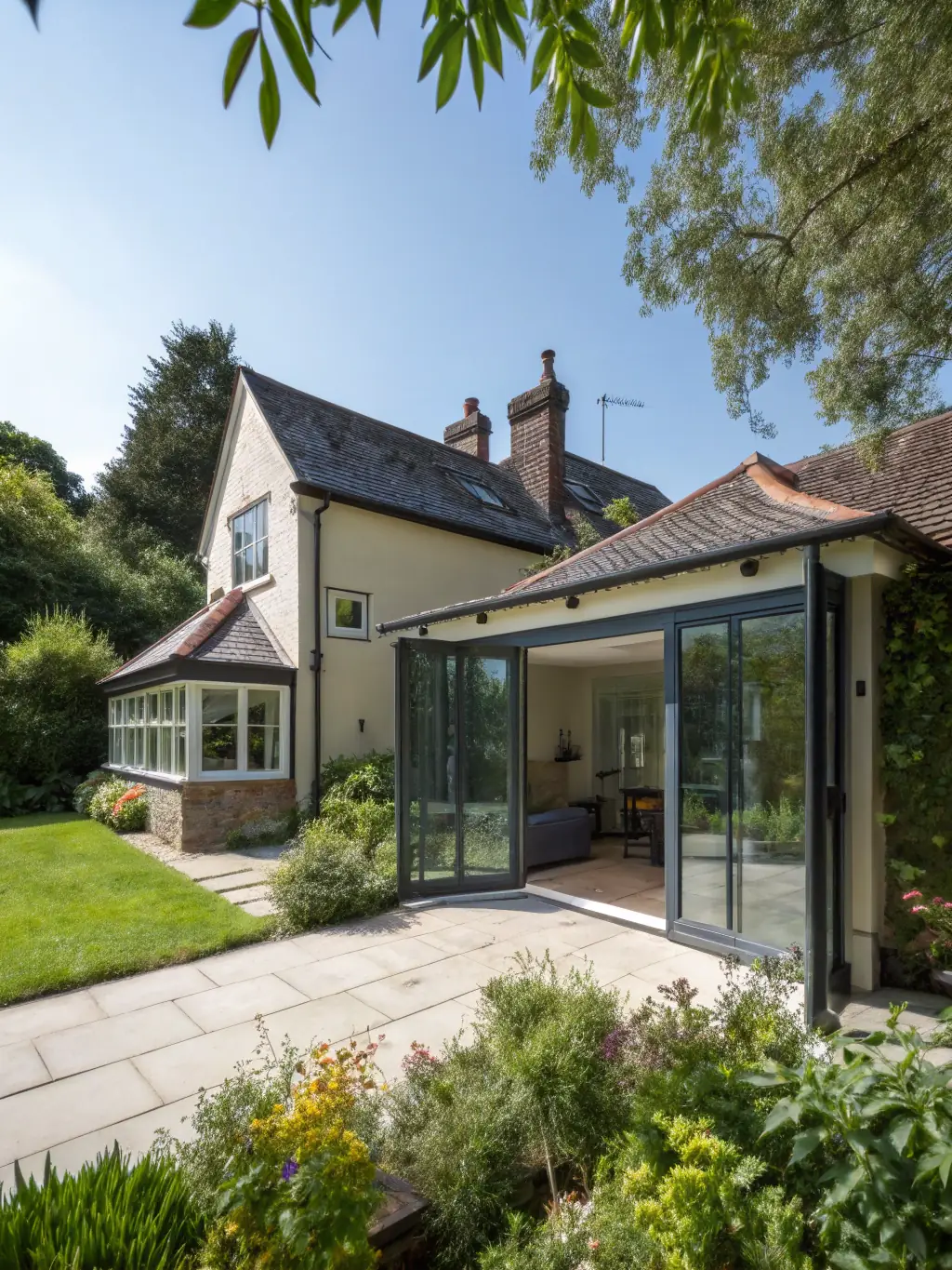 A high-quality photo of a recently completed home addition project by MP Renovations, showcasing seamless integration with the existing structure and modern design.