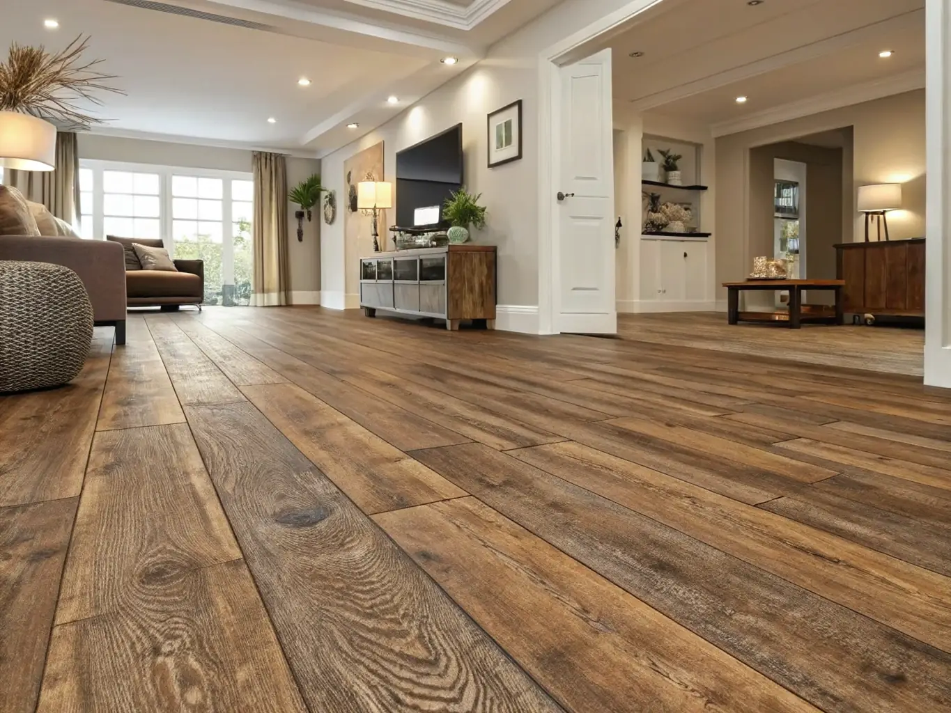 A close-up shot of luxury vinyl plank (LVP) flooring, demonstrating its durability and resistance to scratches and water damage. The image should convey the low-maintenance benefits of LVP.