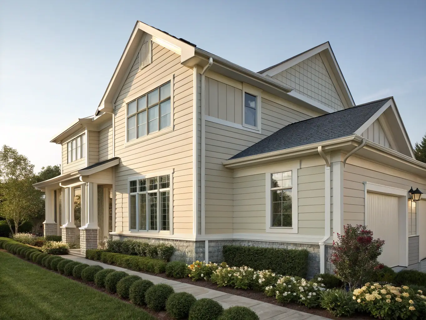 A picturesque image of a home with engineered wood siding, showcasing its natural beauty and seamless integration with the surrounding landscape. The photo should highlight the siding's resistance to warping, cracking, and decay.