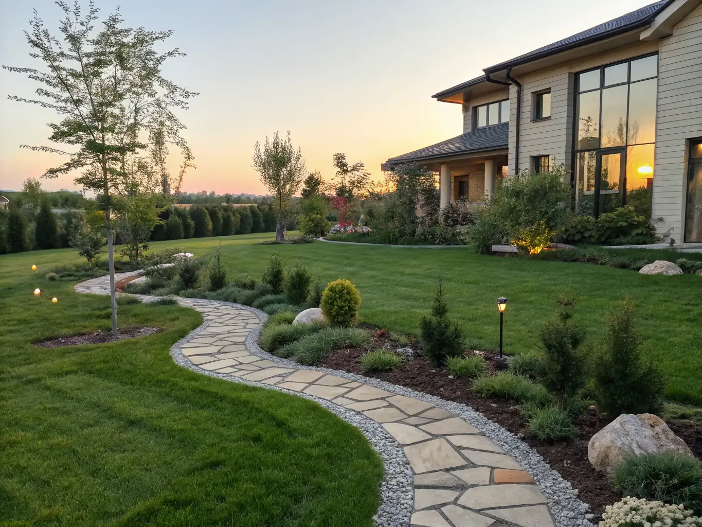 A beautifully landscaped front yard with a newly installed stone walkway leading to a modern, renovated home exterior. The image should convey increased property value and curb appeal.