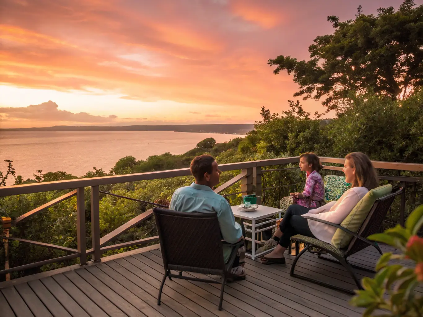 A family enjoying a newly constructed deck with an outdoor kitchen and comfortable seating area. The image should evoke feelings of relaxation and outdoor enjoyment.