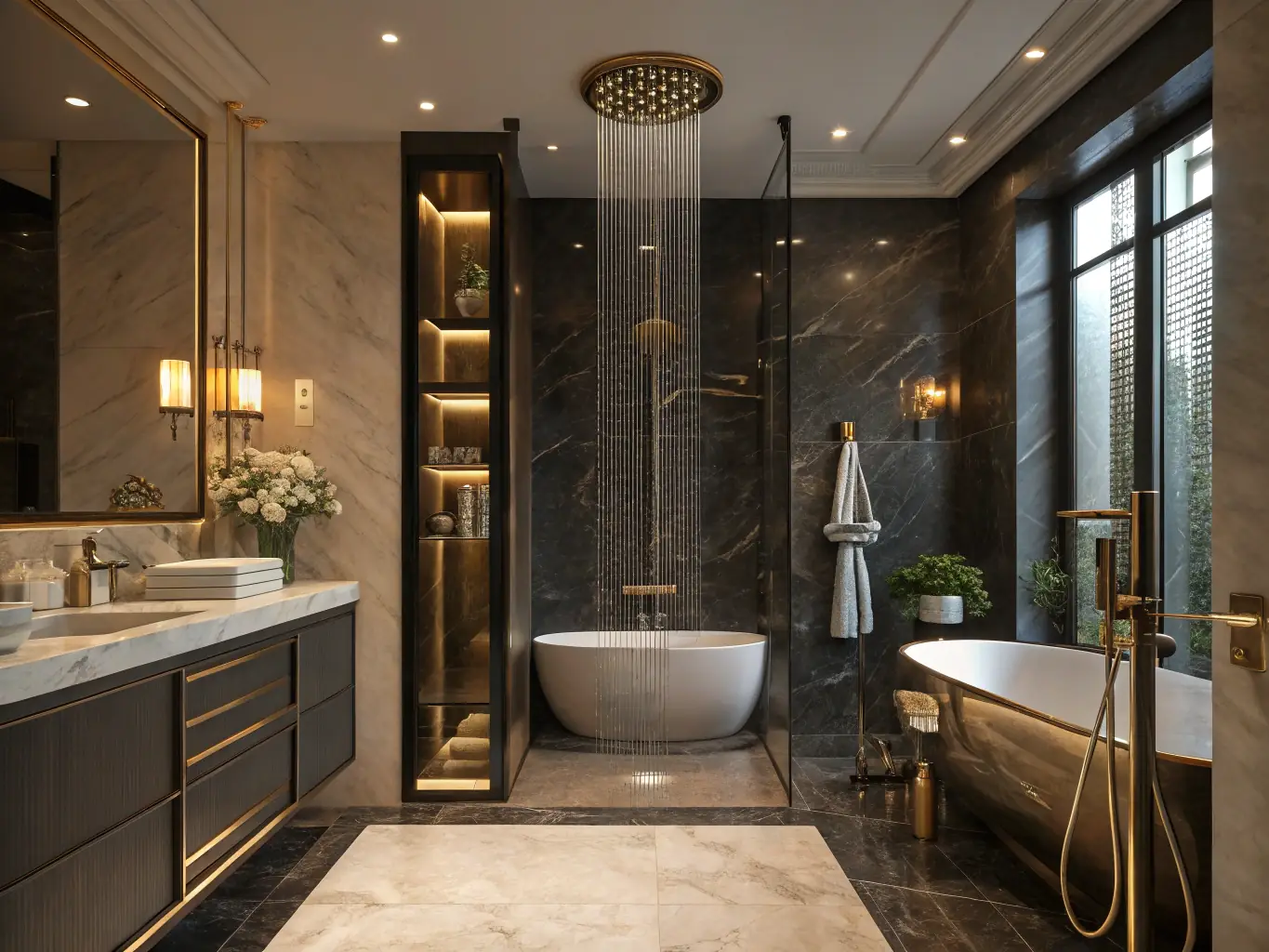 A modern bathroom with sleek, minimalist design, featuring a walk-in shower with glass enclosure and a floating vanity. The image should convey a sense of cleanliness, luxury, and efficient use of space, representing the design planning stage of a bathroom renovation.