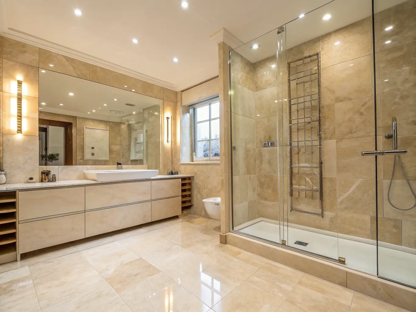 A bright, modern bathroom featuring a newly installed walk-in shower with sleek glass doors and contemporary tile work, showcasing the increased functionality and aesthetic appeal of a renovated space.
