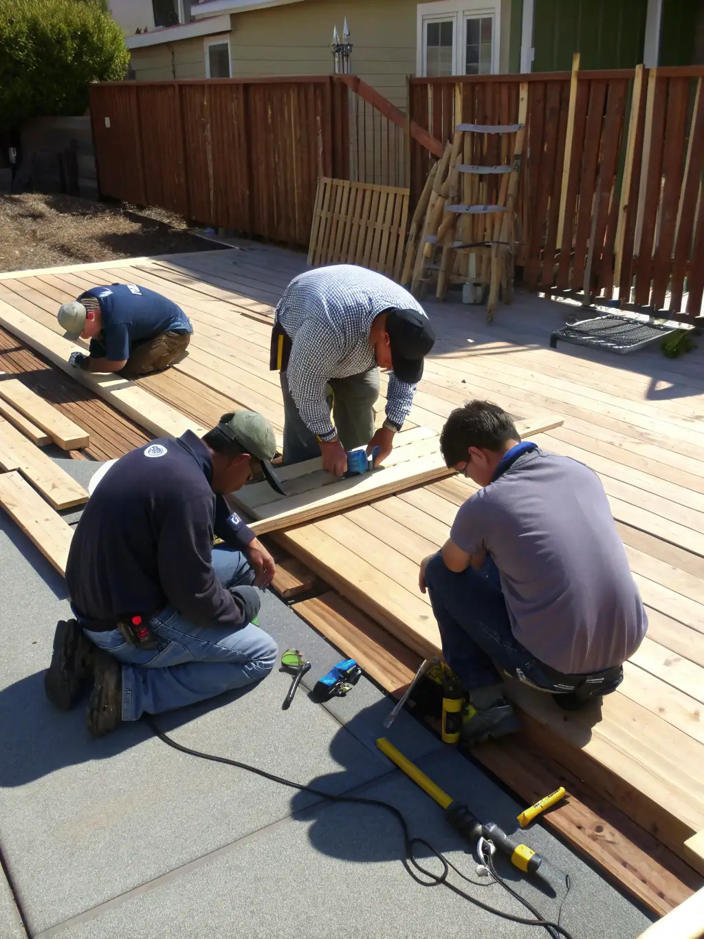 A construction crew expertly installing a deck with modern tools and equipment, highlighting the construction phase of MP Renovations' exterior improvement projects.