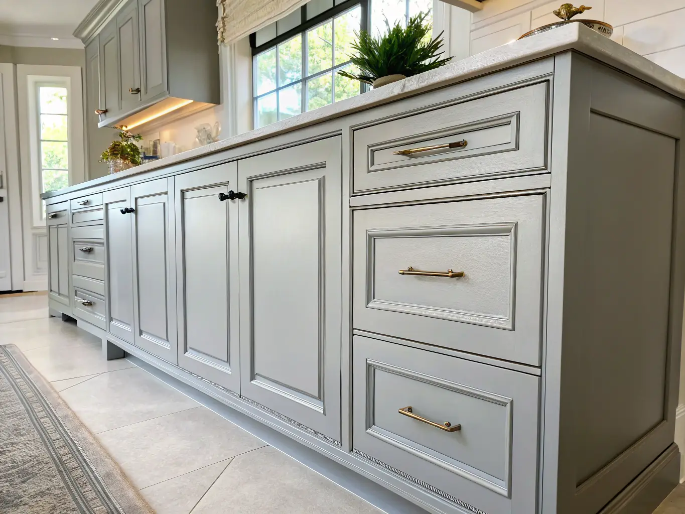 A close-up shot of professionally refinished kitchen cabinets, showcasing the smooth, durable finish achieved through cabinet painting and refinishing services.