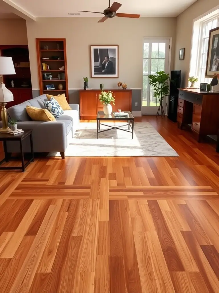 A high-quality photograph showcasing a newly installed hardwood floor in a modern living room, emphasizing the natural wood grain and finish. The room should be well-lit and stylishly furnished to highlight the elegance of the flooring.