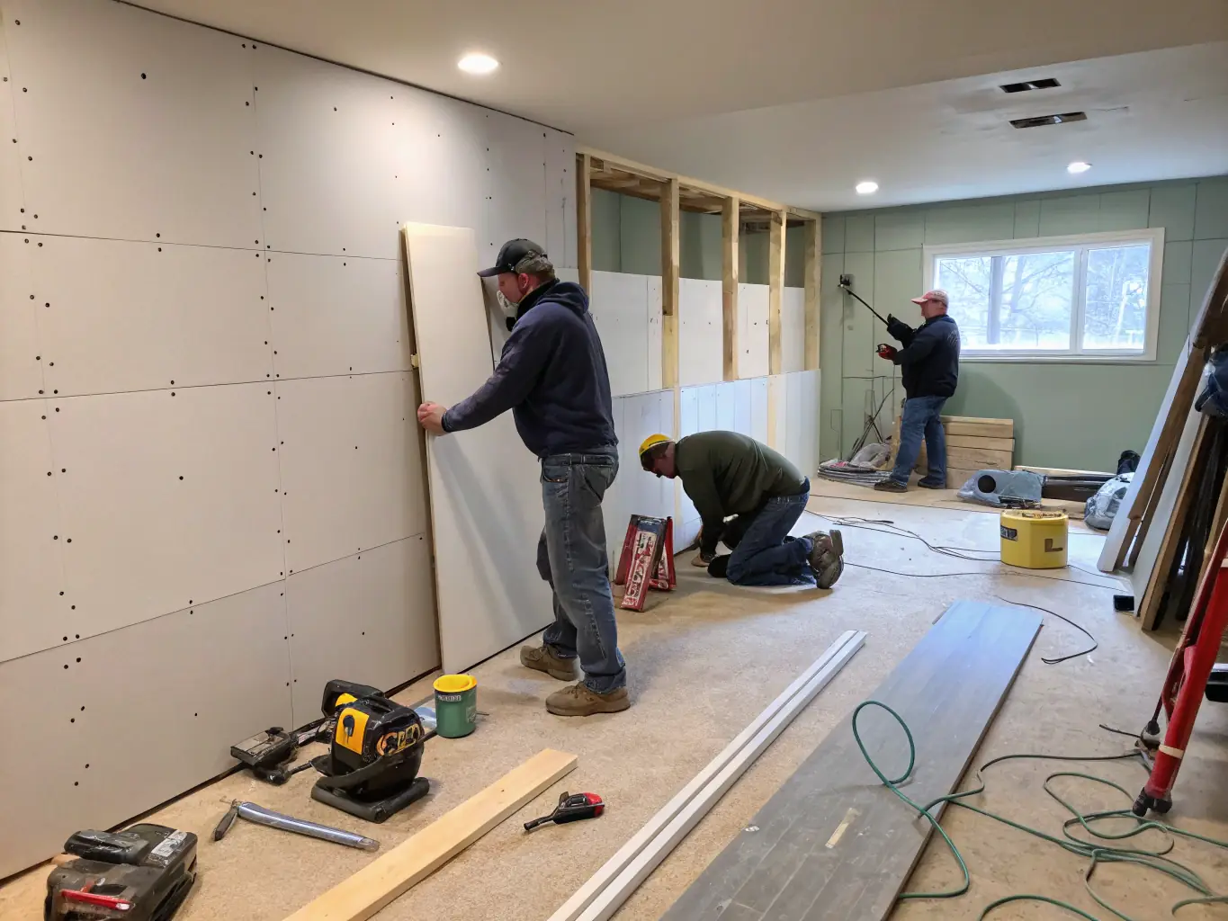 A black and white photograph of a construction crew working on the framing of a basement, with visible attention to detail and precision.