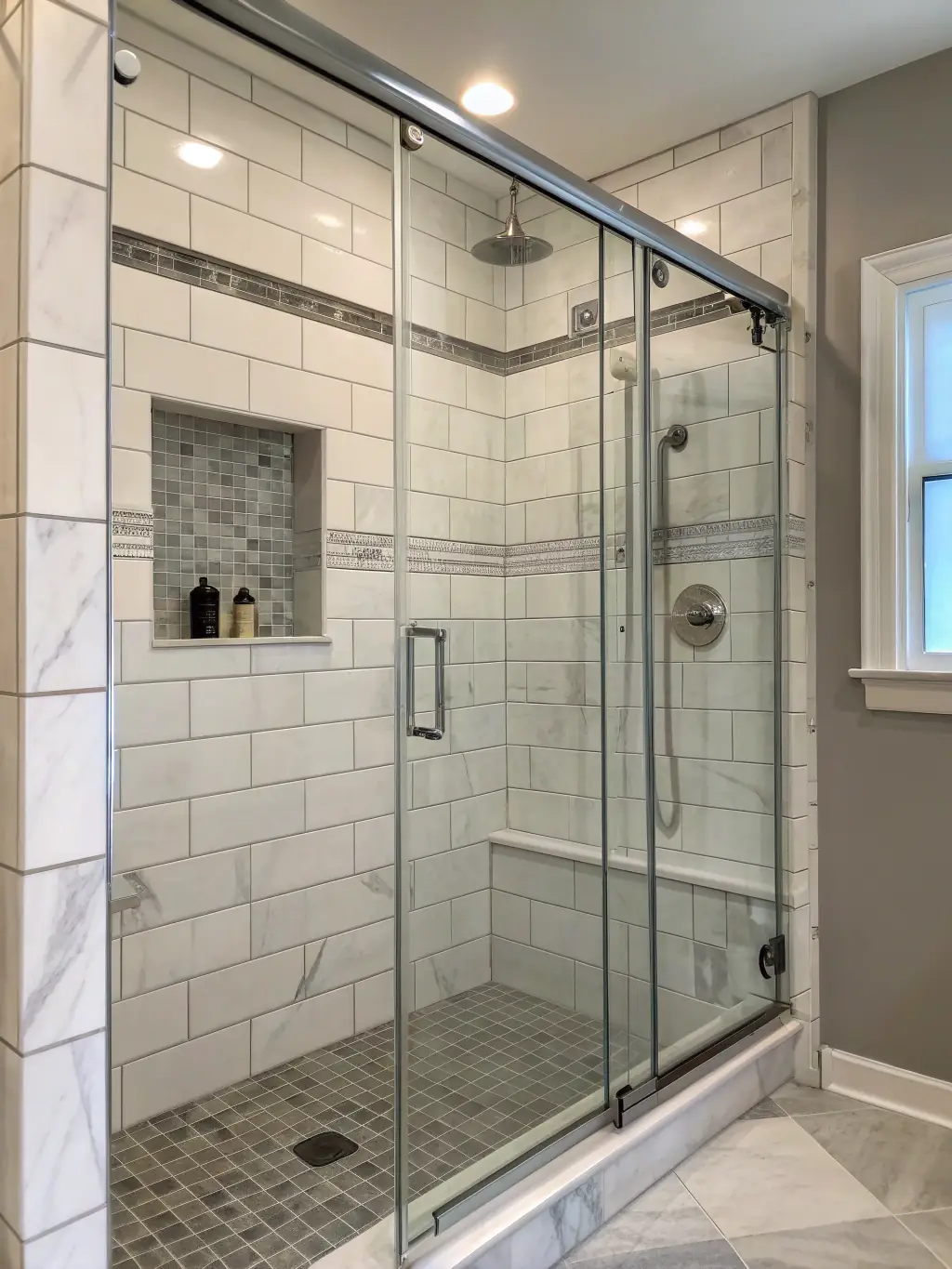 A high-resolution, professionally lit photo showcasing a newly installed, modern walk-in shower with glass doors and sleek fixtures in a Minneapolis home.