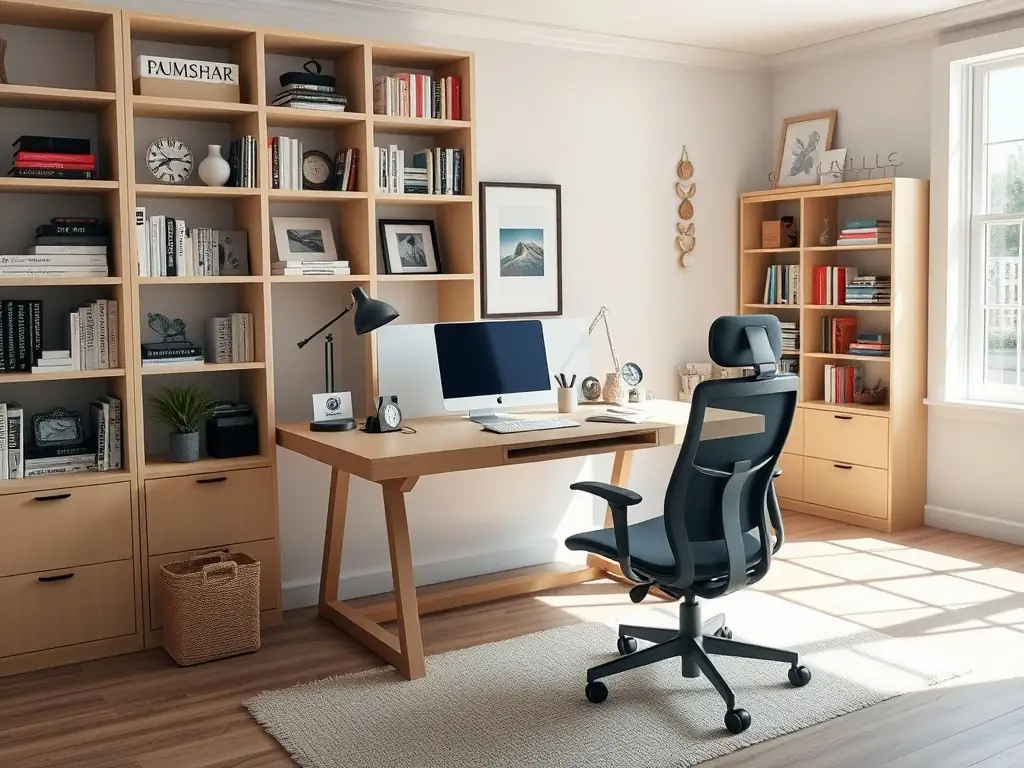 A well-organized and stylish finished basement featuring a home office setup with a desk, chair, and bookshelves, demonstrating the potential for a functional workspace.
