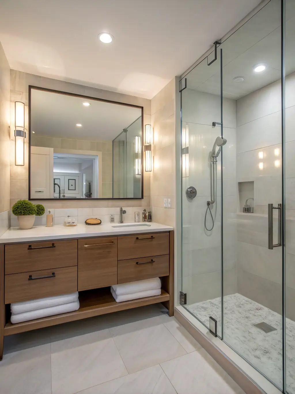 A black and white image of a renovated bathroom featuring a walk-in shower with glass doors and minimalist fixtures, reflecting MP Renovations' modern aesthetic.