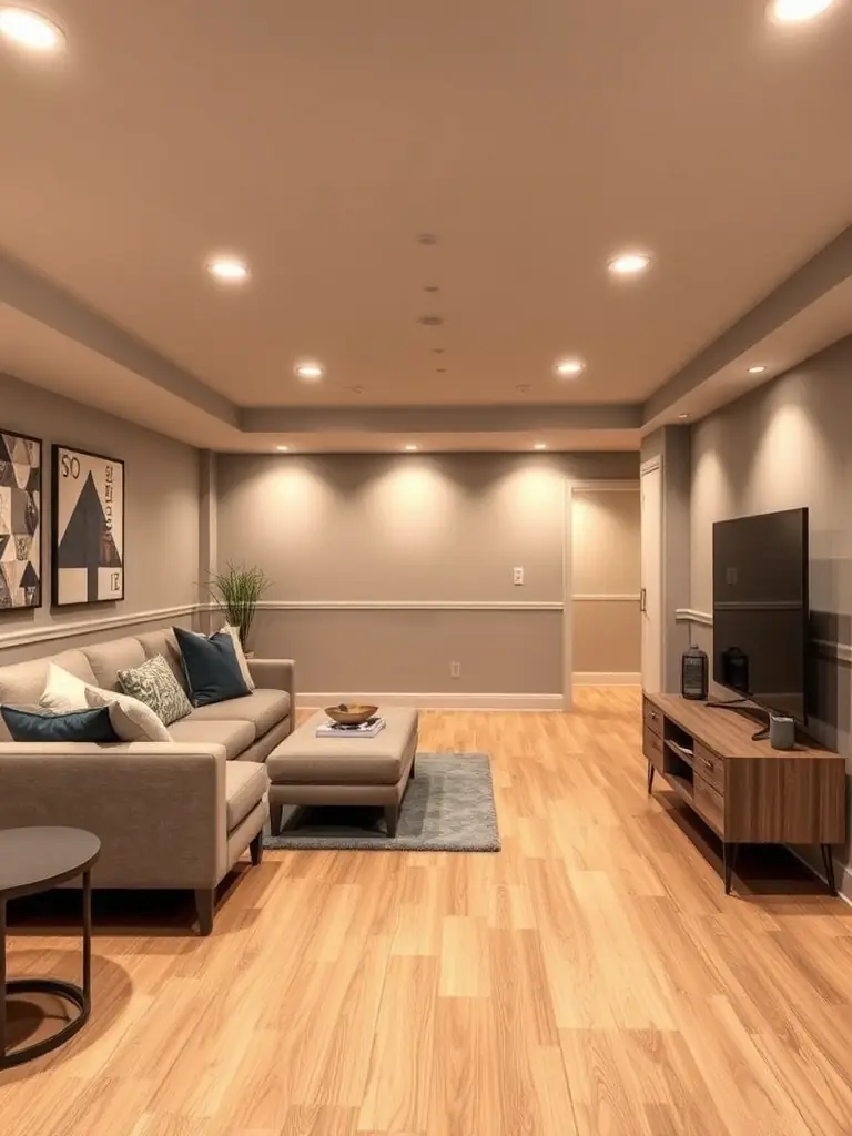 A black and white image of a finished basement with a home theater setup and minimalist furniture, showcasing MP Renovations' expertise in basement finishing.