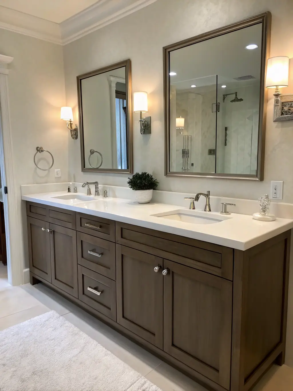 A stylish bathroom vanity with a modern countertop, showcasing clean lines and elegant design in a renovated Minneapolis bathroom.