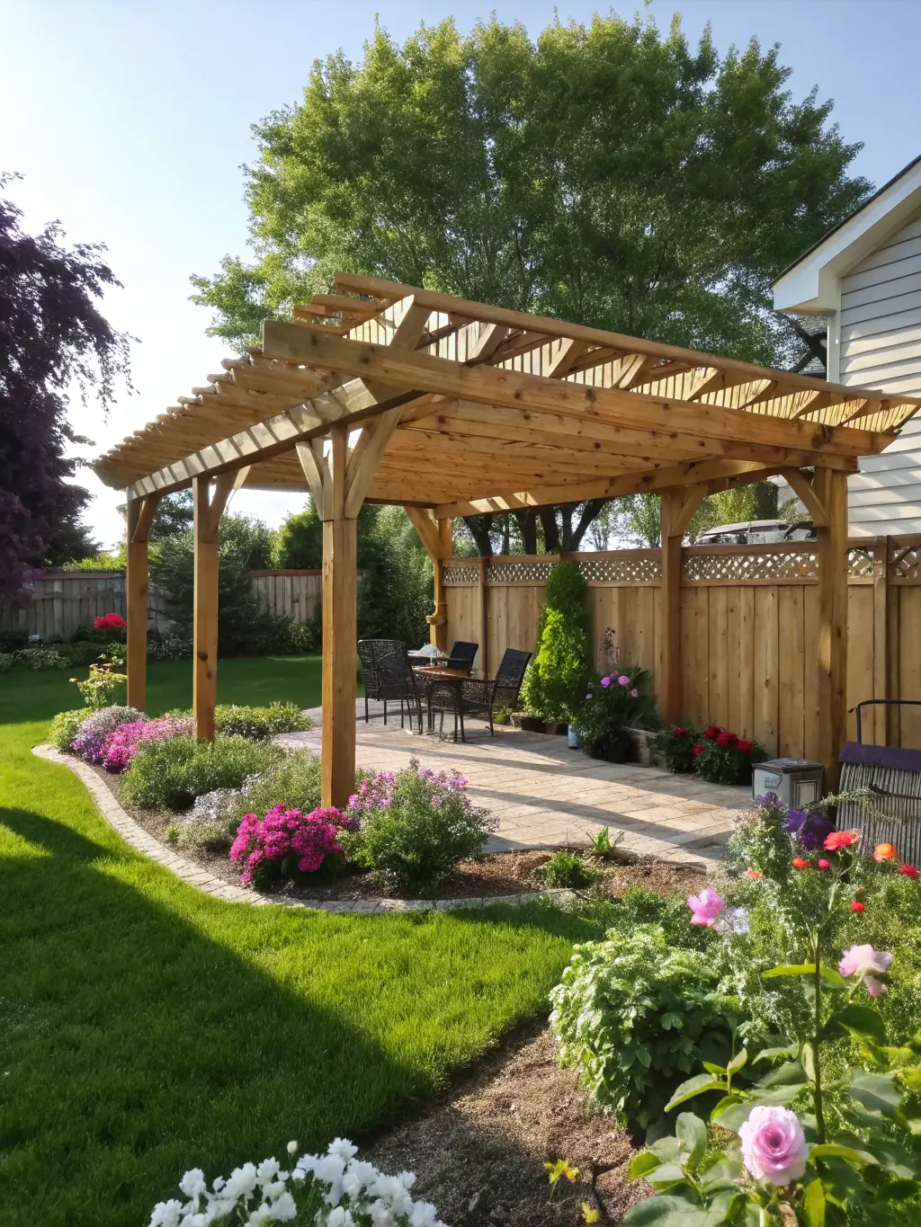 An elegant pergola providing shade and architectural interest to a backyard, demonstrating MP Renovations' expertise in building pergolas and covered structures.