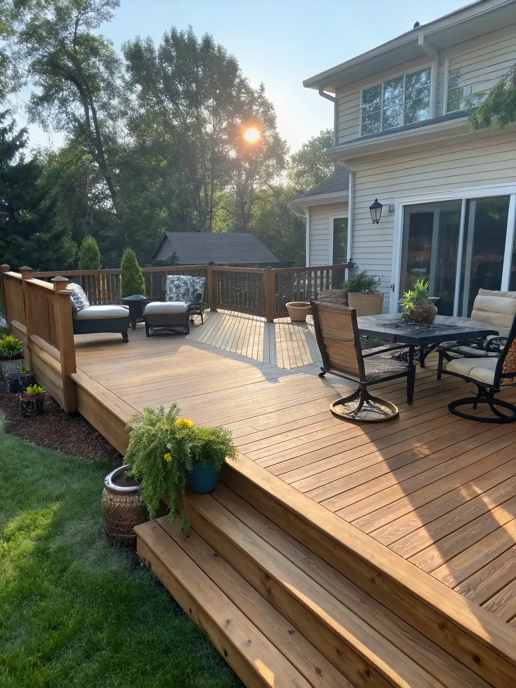 A beautifully constructed wooden deck extending from a modern home, featuring sleek railings and comfortable outdoor furniture, showcasing MP Renovations' deck construction expertise.