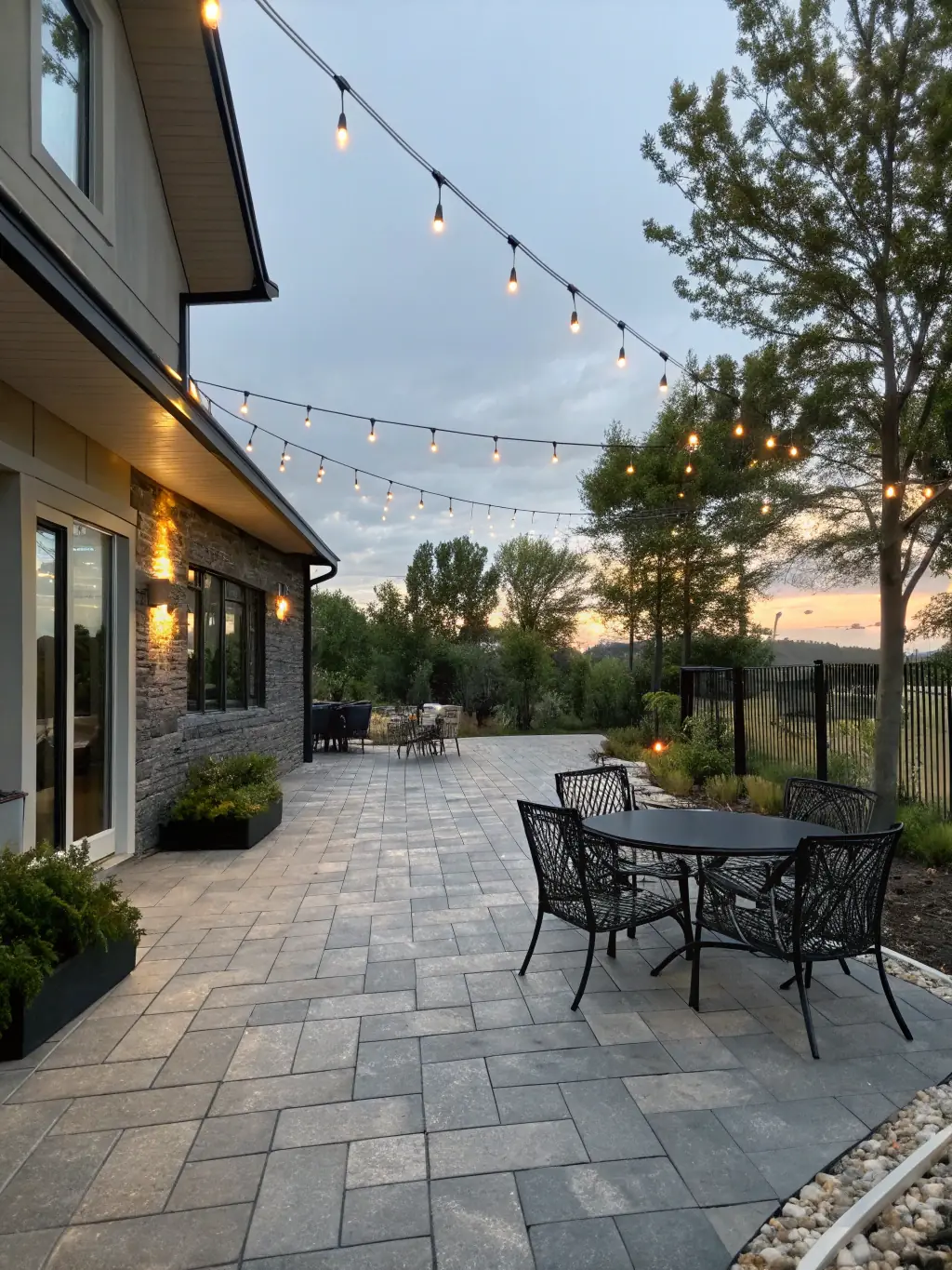 A professionally installed stone patio with an outdoor dining set and ambient lighting, illustrating MP Renovations' patio installation services.