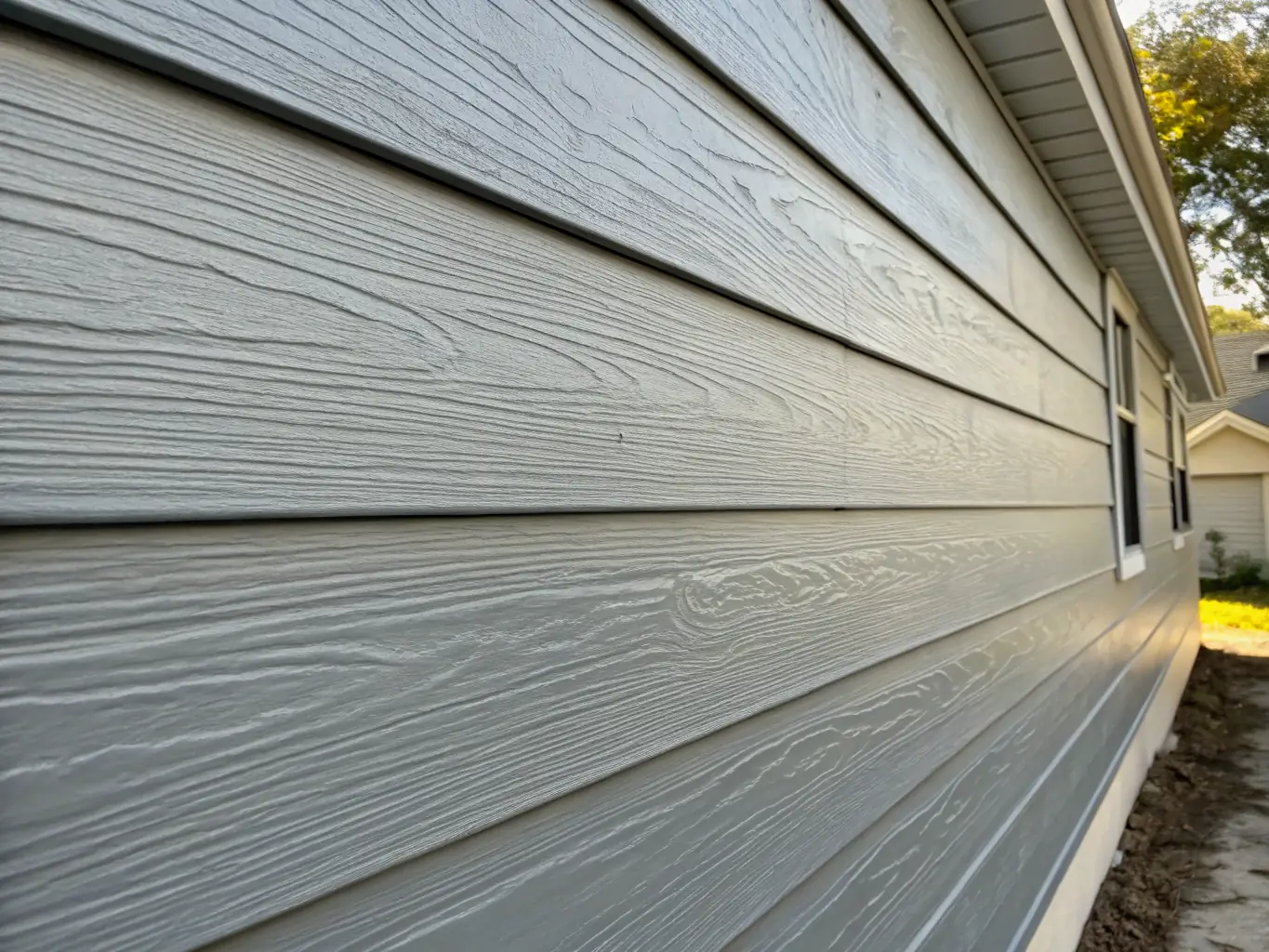 A close-up shot of fiber cement siding (Hardie board) demonstrating its durability and resistance to weather damage, with a focus on the texture and color consistency.