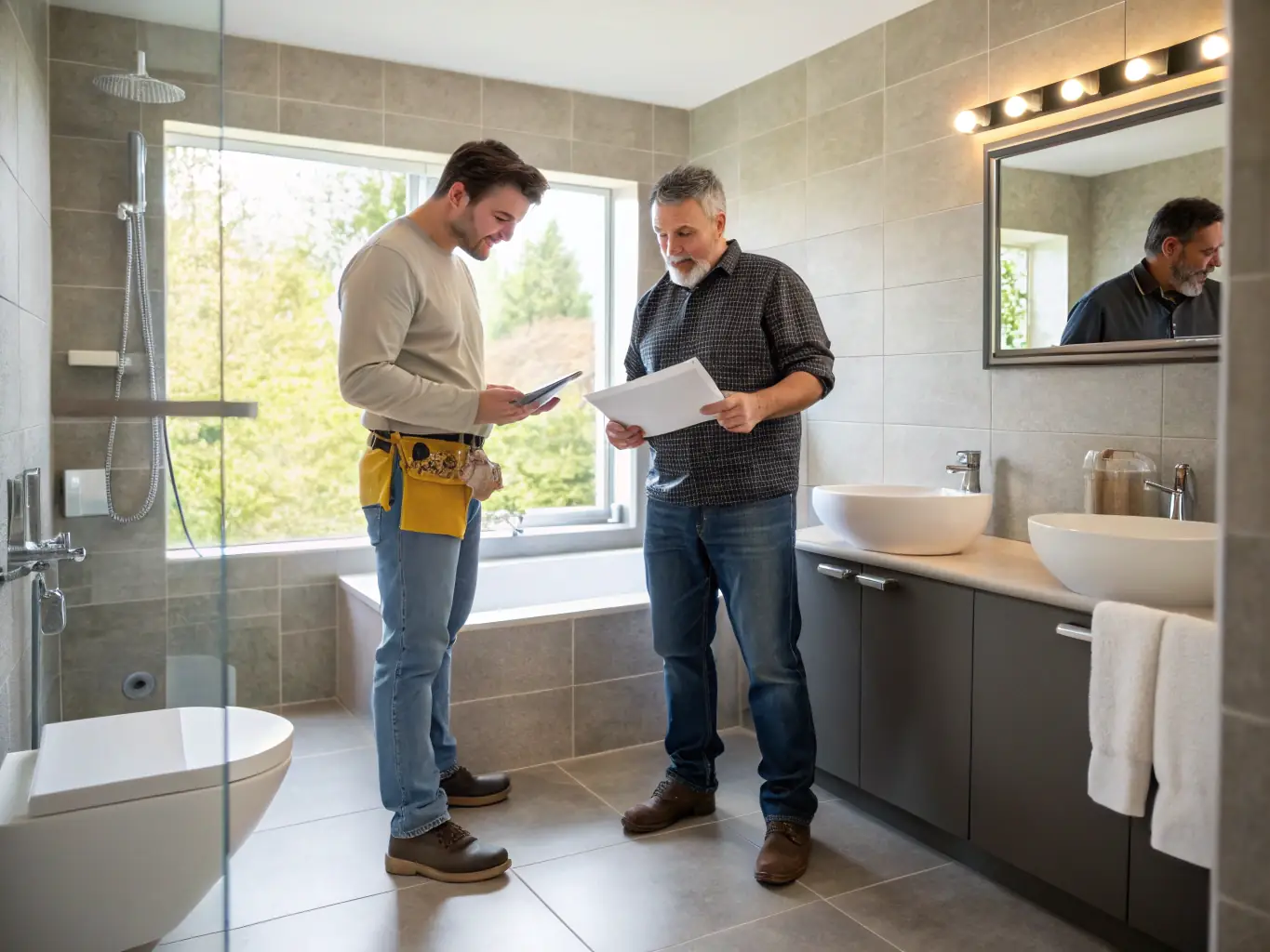 A black and white photograph of a contractor conducting a final walkthrough with a satisfied homeowner in a newly finished basement.