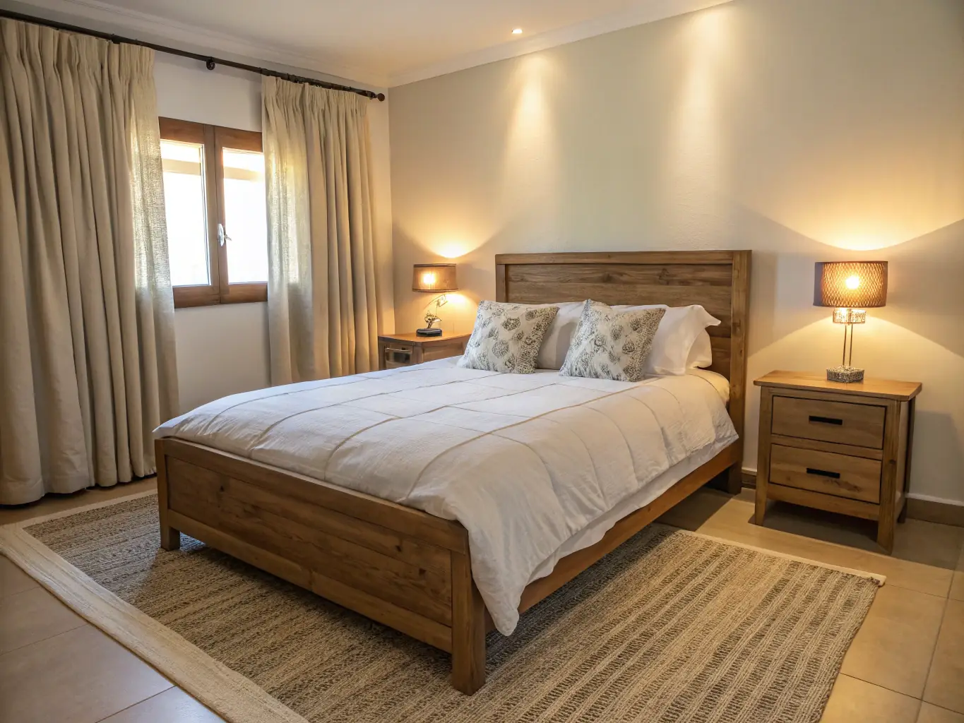 A cozy and inviting finished basement featuring a guest suite with a comfortable bed, side table, and lamp, highlighting the potential for accommodating visitors.