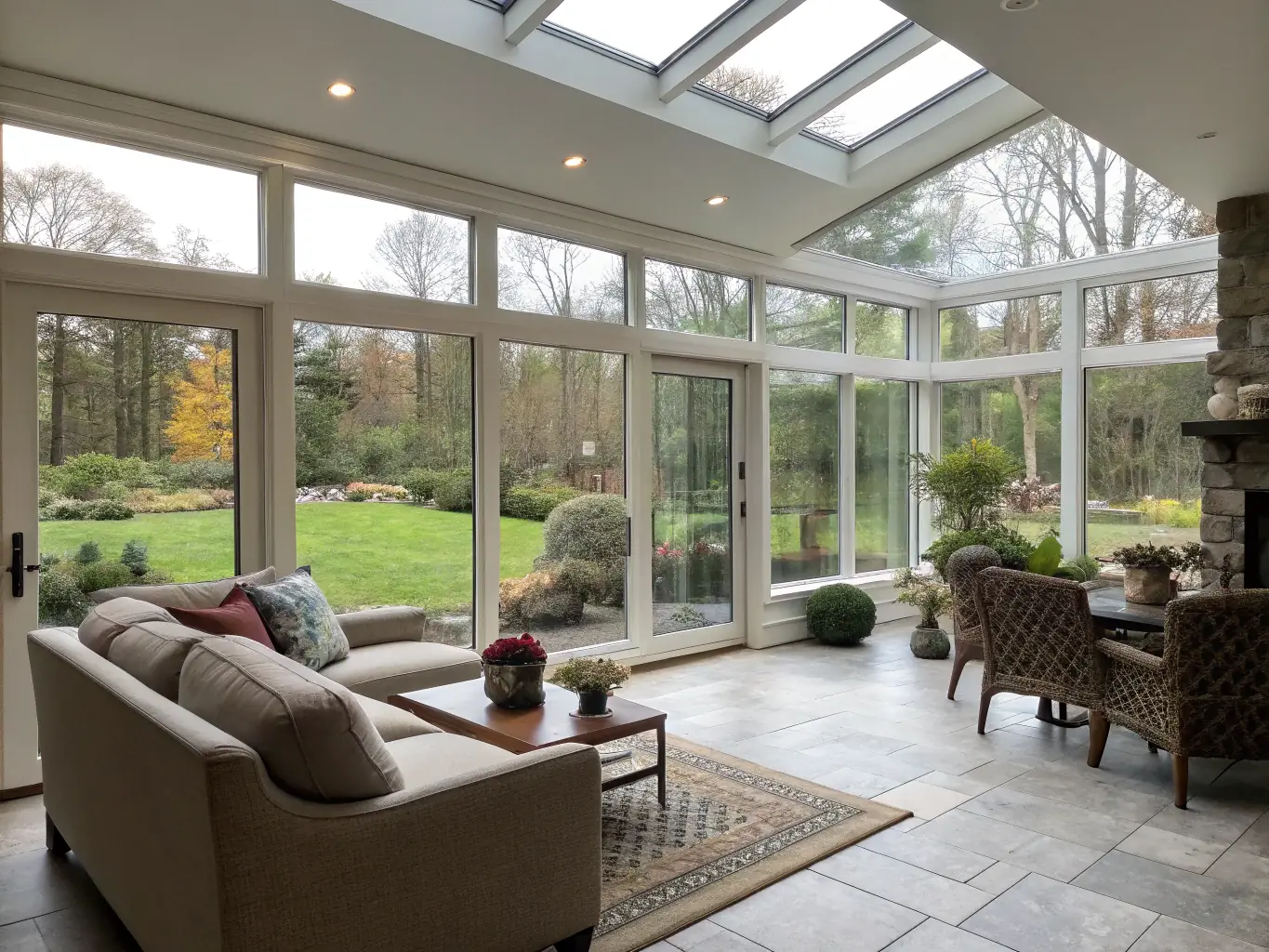 A brightly lit, modern living room addition with large windows overlooking a well-maintained backyard. The interior design is minimalist with a focus on natural light and open space.