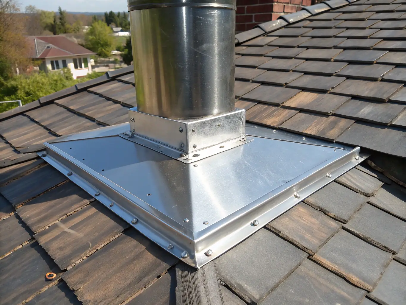 A close-up shot of a properly sealed roof flashing around a chimney, emphasizing the importance of professional installation in preventing water leaks and protecting the home from water damage.