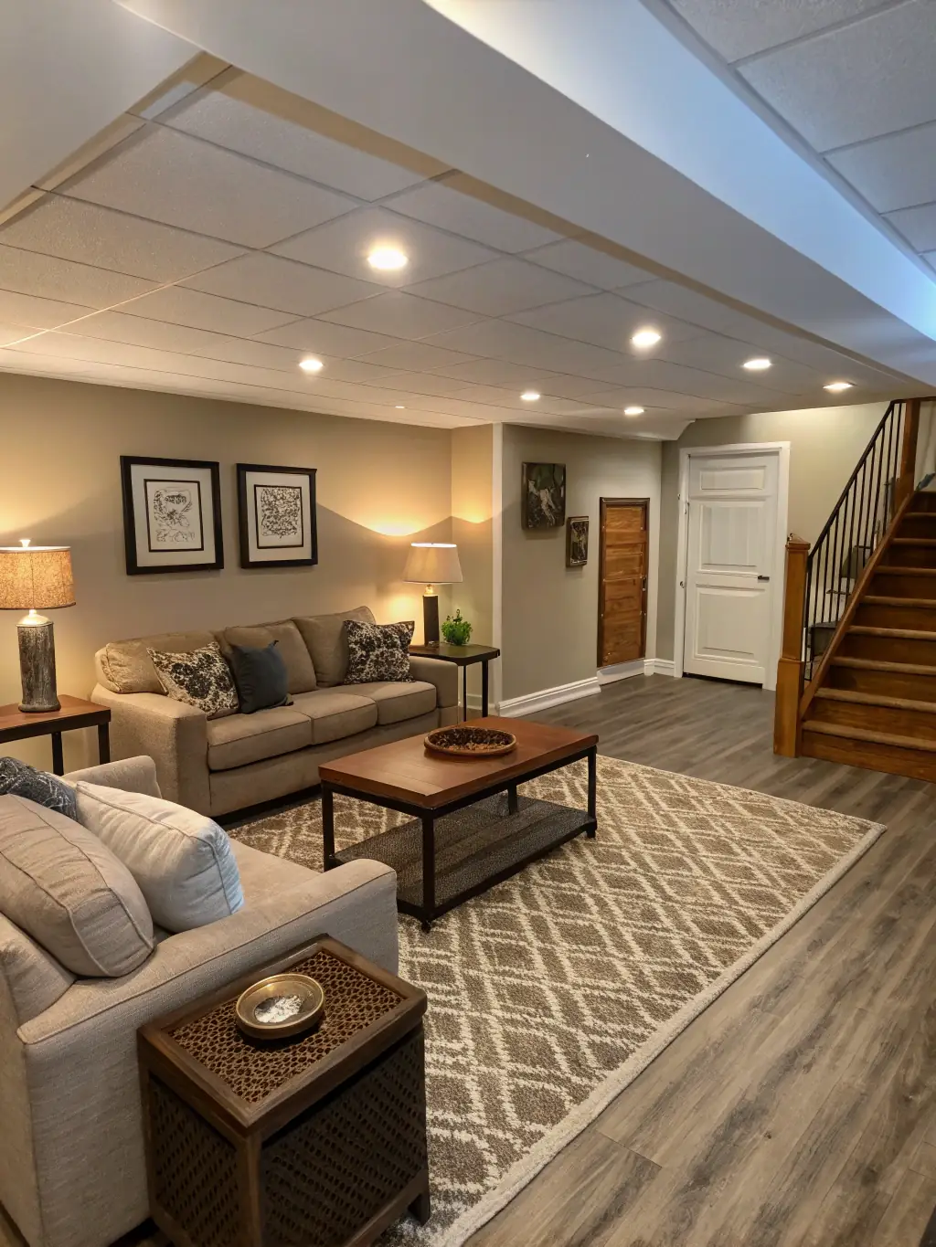 A photograph showcasing a fully finished basement with modern design, including a comfortable seating area, a sleek entertainment system, and recessed lighting, highlighting MP Renovations' expertise in full basement finishing.