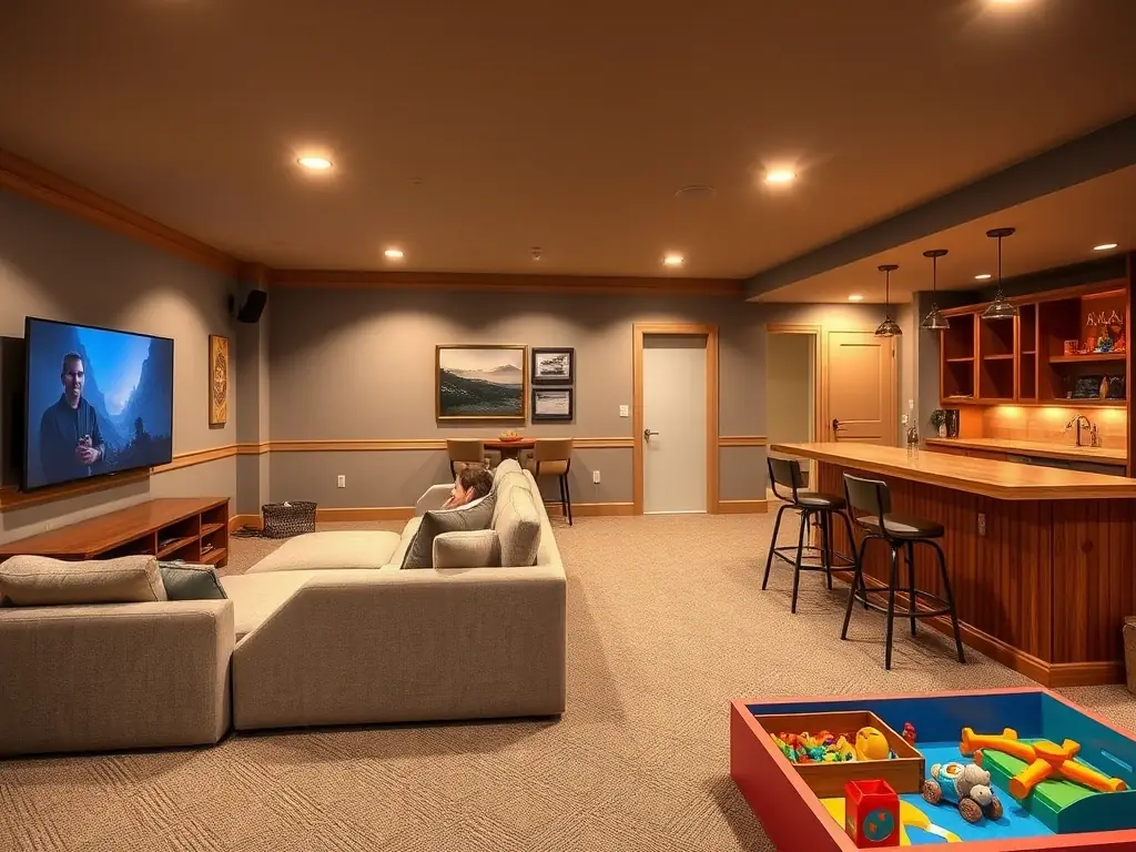 A brightly lit, modern finished basement featuring a home theater setup with comfortable seating and a large screen, showcasing the potential for entertainment and relaxation.