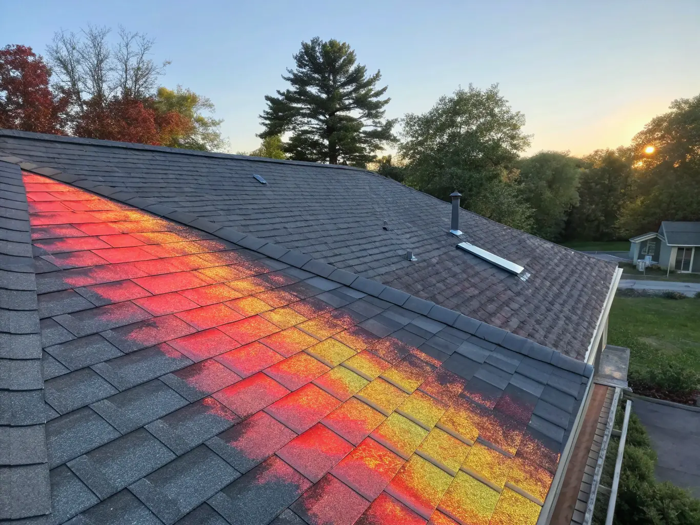 A thermal image of a house with a new roof, showing minimal heat loss compared to older homes, highlighting the energy-saving benefits of modern roofing materials and proper insulation.