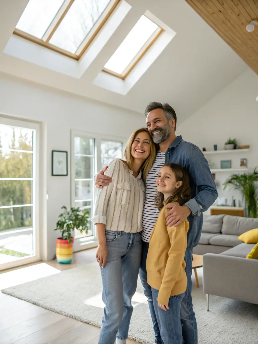 A happy family walking through their newly completed home addition with an MP Renovations representative.