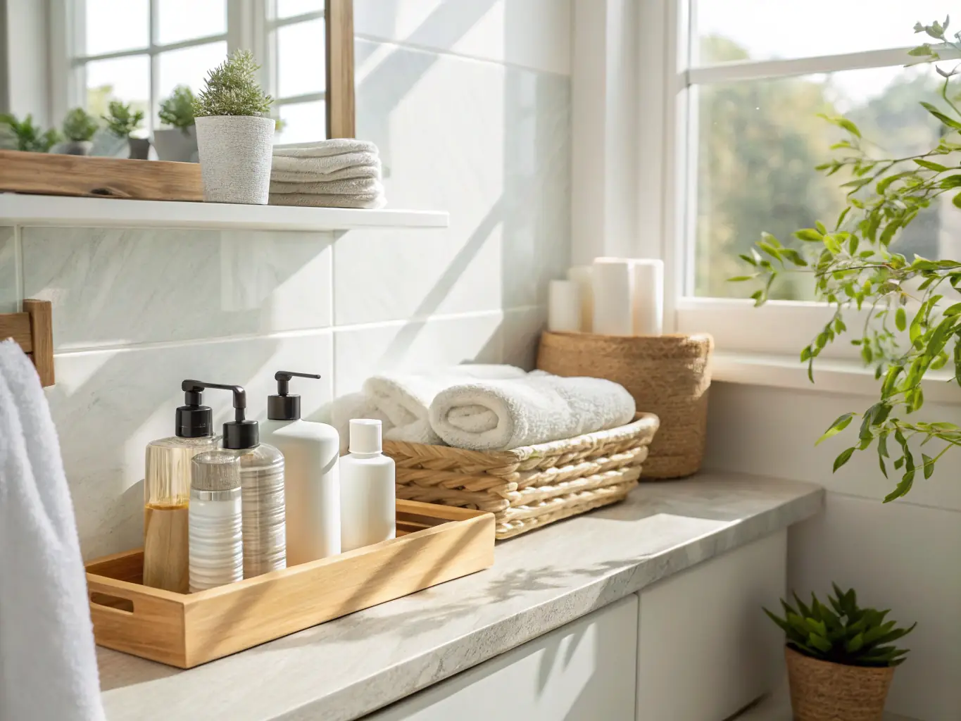 A well-organized bathroom with custom storage solutions, showcasing improved functionality and space utilization after a renovation by MP Renovations.