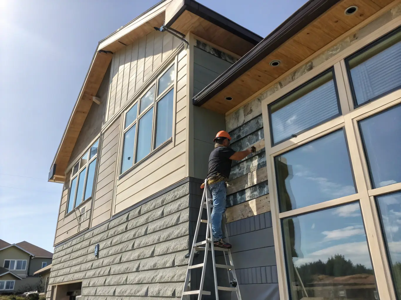 A detailed image of fiber cement (Hardie) siding, emphasizing its wood-like texture and robust construction. The photo should convey the siding's resistance to pests, fire, and harsh weather conditions.