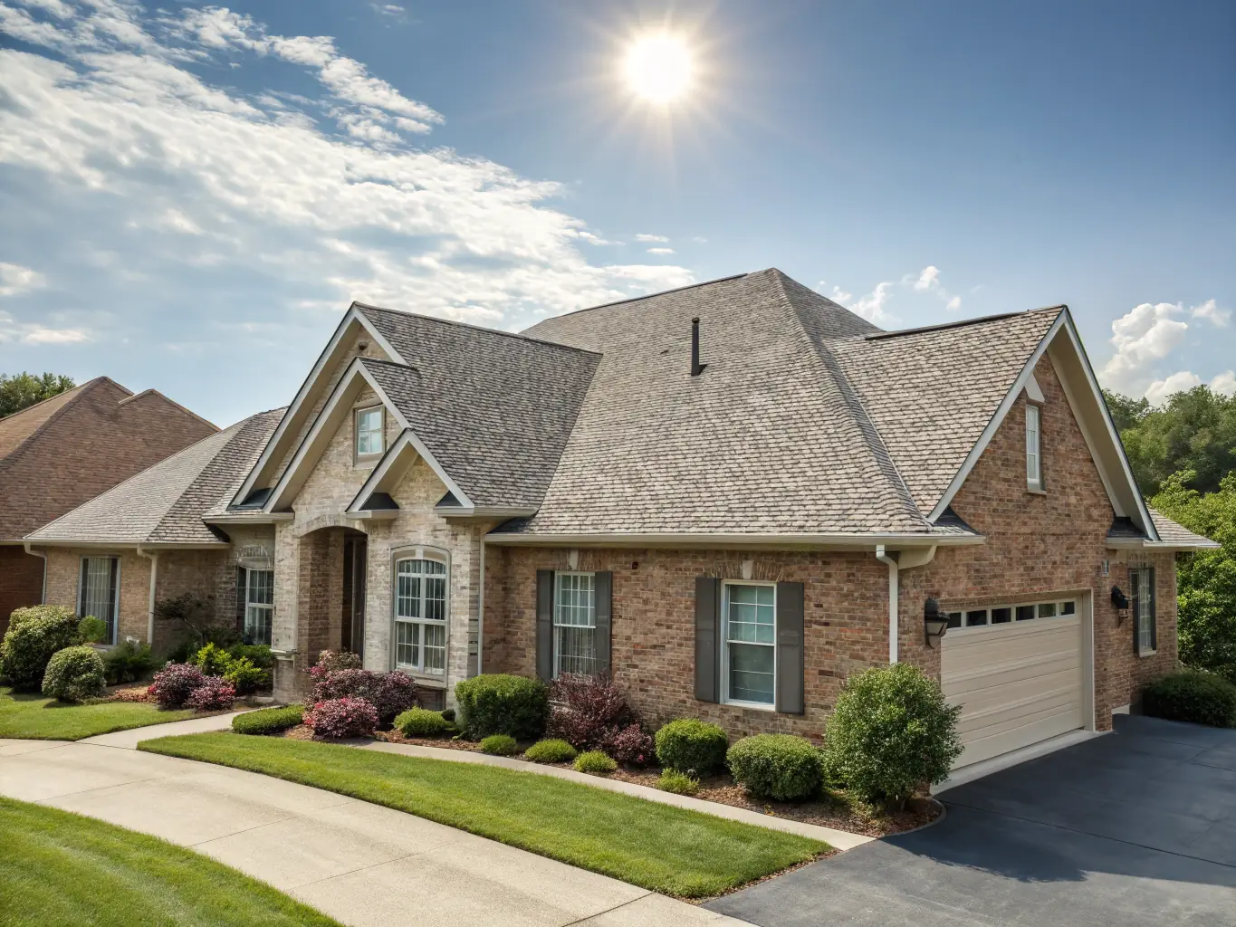 A high-angle, medium shot of a newly installed asphalt shingle roof on a sunny day, showcasing its clean lines and uniform appearance, with a focus on the quality of the installation and the overall aesthetic appeal.