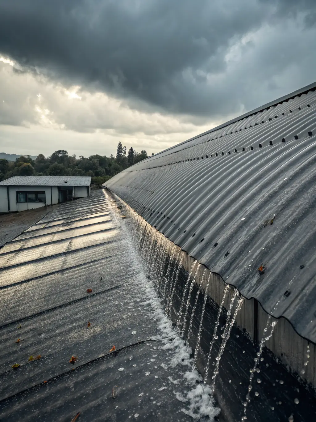 A flat roofing system on a commercial building, photographed to showcase its seamless surface and drainage system. The image should convey reliability and weather resistance.